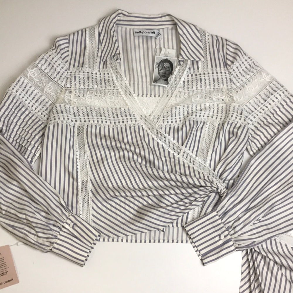Self-Portrait Stripe Wrap Top with Lace Detail